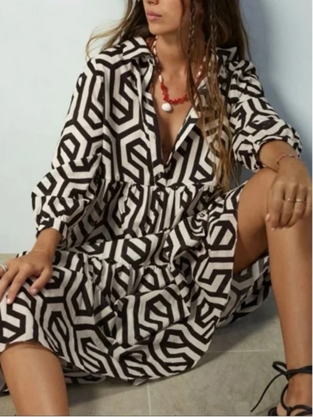 H&M Black and White Geometric Midi Shirt Dress